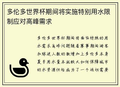 多伦多世界杯期间将实施特别用水限制应对高峰需求